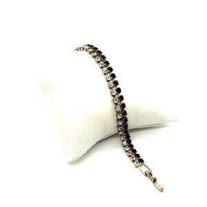 Vintage Tennis Bracelet With Black & Clear Rhinestones Silver Tone 6.5 Inches Lo